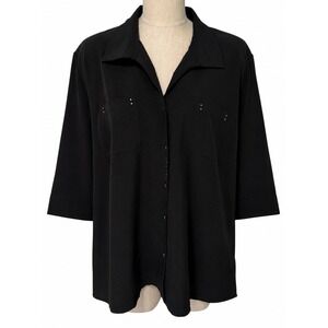 Maggie Barnes Black Rhinestone Blouse Top Shirt 2X 22/24 Stretch Career Plus